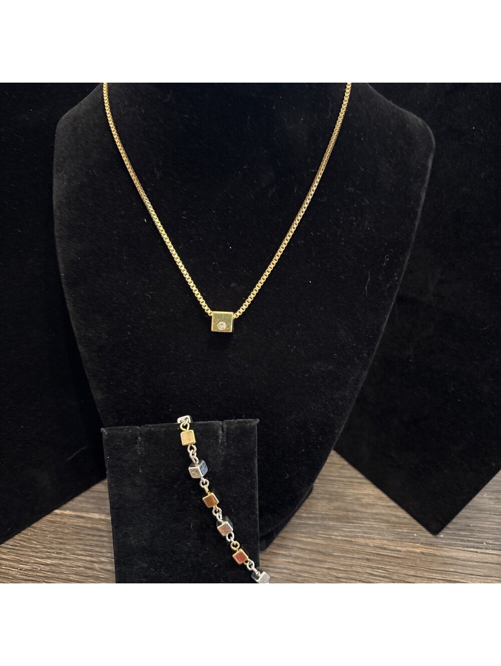 Modern Trifari Box Pendant With Rhinestone Necklace 14” Napier Box 7”Bracelet